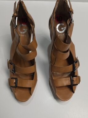 G by Guess Lattie Strappy Platform Stacked Heels - Cognac Tan - Size 10